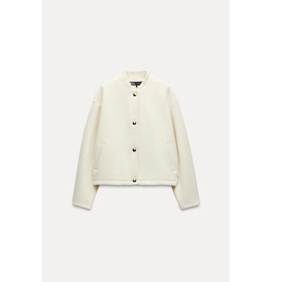 Zara Gold Button Soft Bomber Jacket Snap Button Rib Trim Ecru